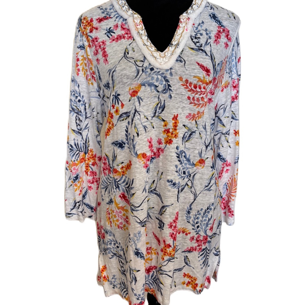 Chico's Multicolor Floral Tunic Top w/ 3/4 Length Sleeves